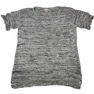 J. Jill 100% LINEN open knit Dolman sweater short sleeve black white cute‎ trim